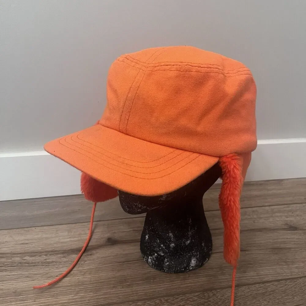 Vintage Whitewater Outdoors Orange Hunting Hat Trapper Cap Ear Flaps USA Made